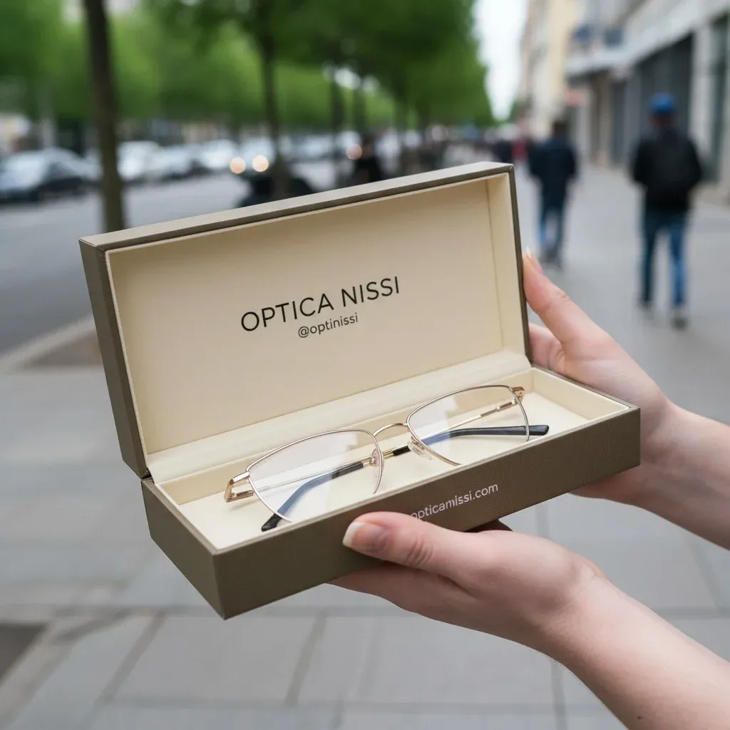 Interior de la óptica con exhibidores de gafas